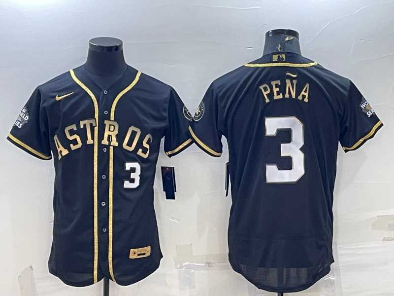 Men%27s Houston Astros #3 Jeremy Pena Number Black Gold 2022 World Series Stitched Flex Base Nike Jersey
